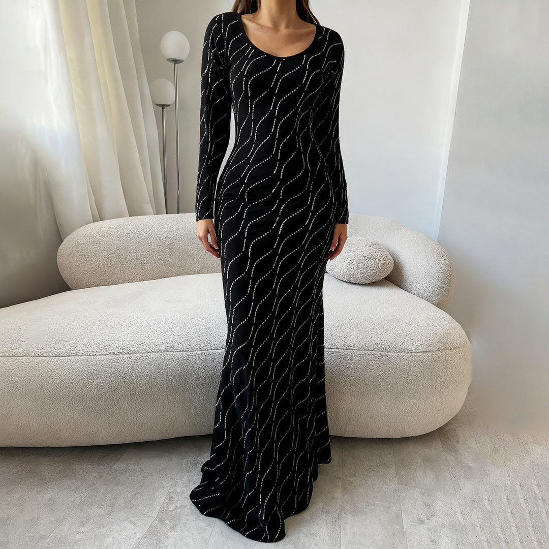 Women's long-sleeved Bodycon Mermaid evening dress with wave rhinestone embellishment Mune Fashion