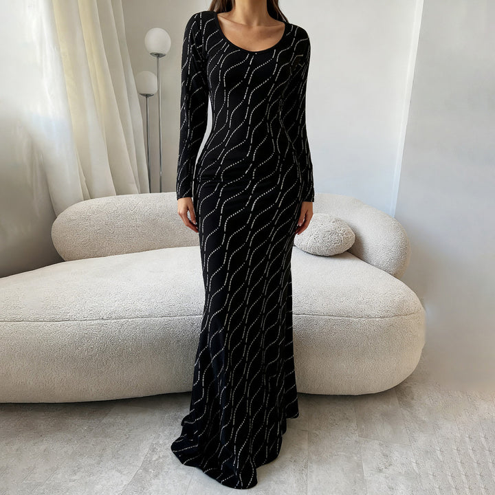 Women's long-sleeved Bodycon Mermaid evening dress with wave rhinestone embellishment Mune Fashion