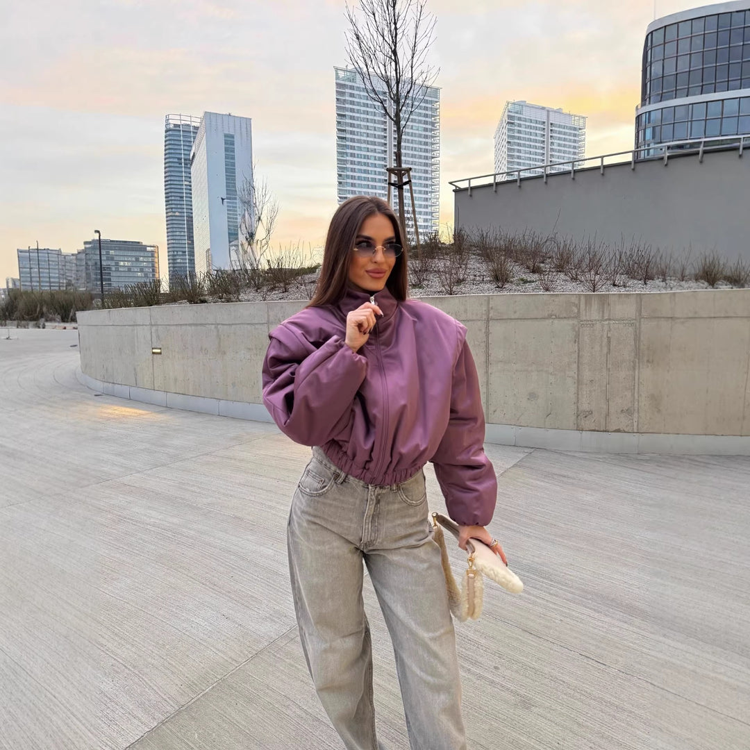 Women's Padded Cropped Jacket with Stand Collar, Drawstring Hem and Dropped Shoulder Details Mune Fashion