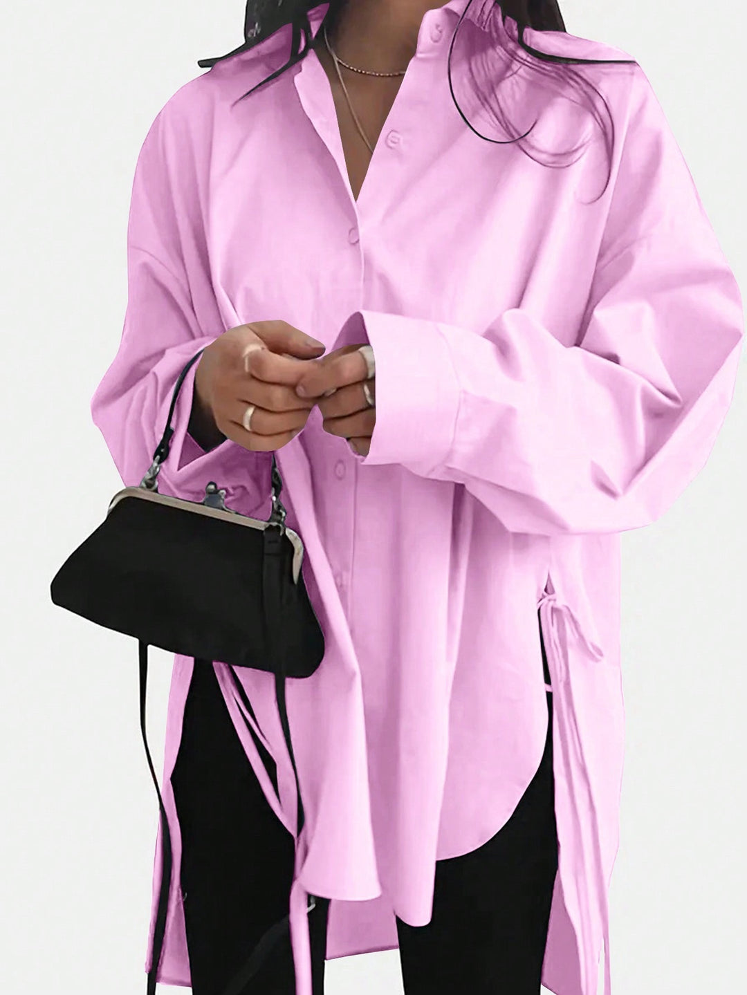 Women Oversized Long Blouse with Drawstring and Wide Cuff Sleeve