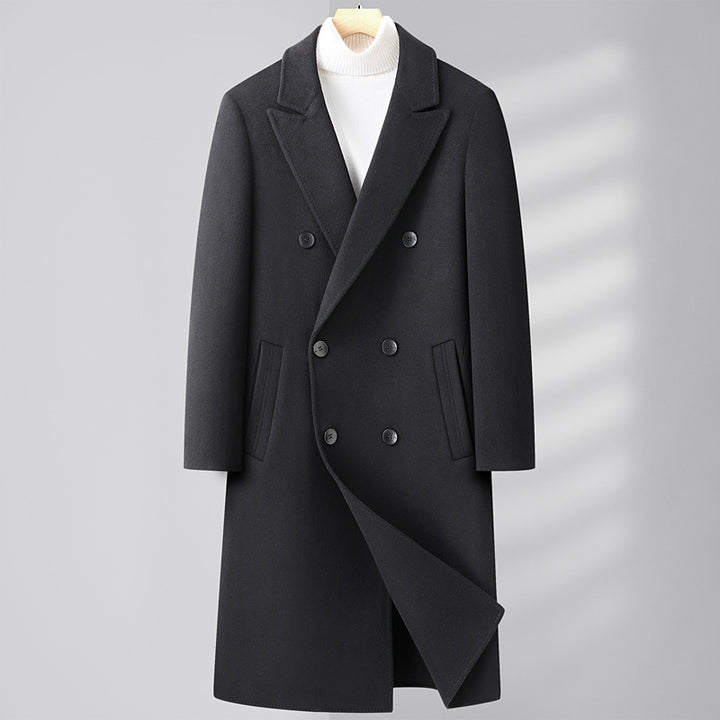 Men's Double-Breasted Wool Coat with Extended Cut and Lapel Collar Mune Fashion