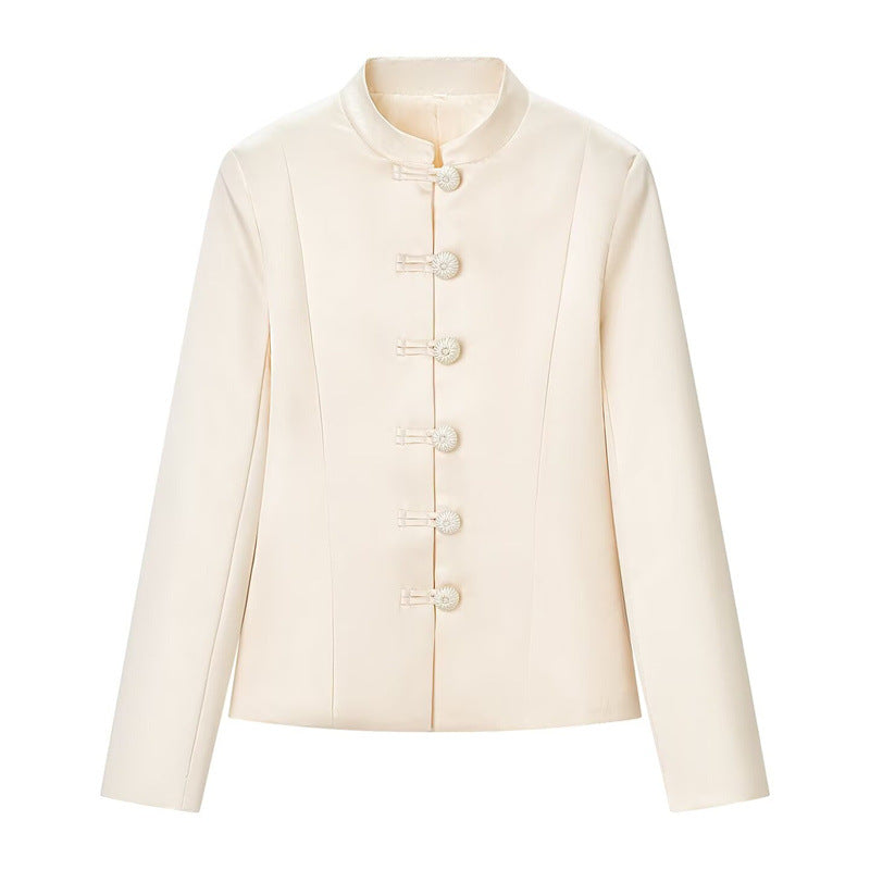Women's Tailored Jacket with Mandarin Collar and Decorative Fabric Knot Mune Fashion