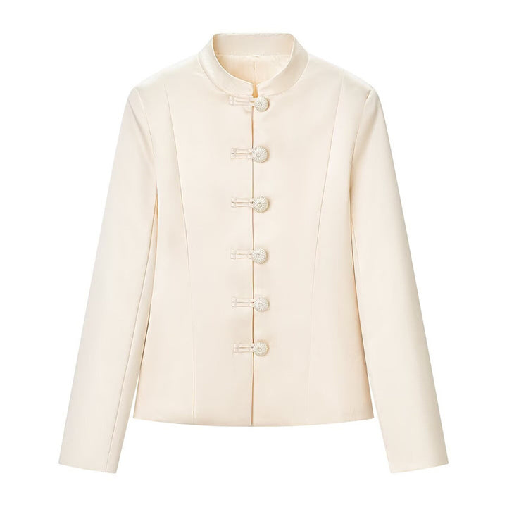 Women's Tailored Jacket with Mandarin Collar and Decorative Fabric Knot Mune Fashion