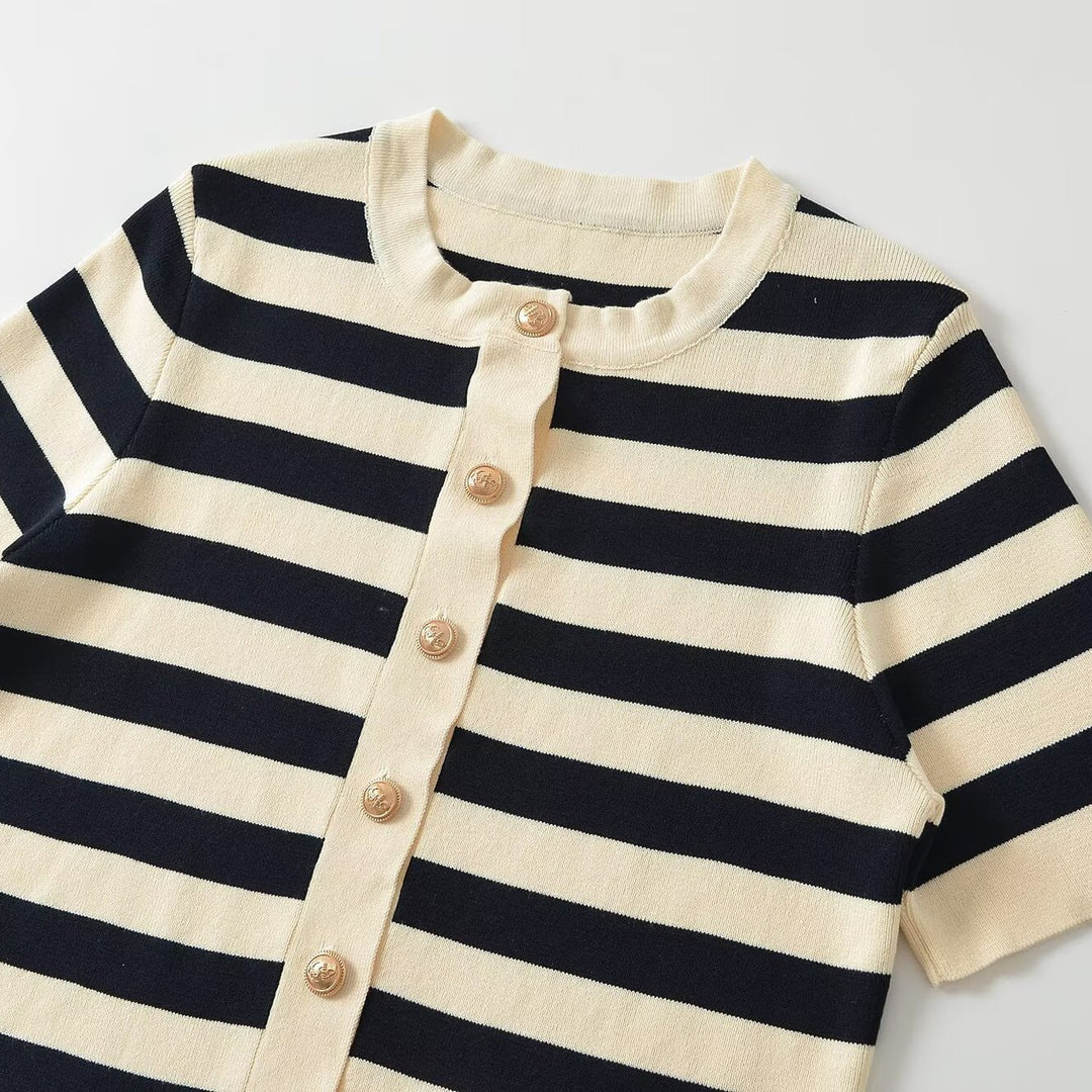 Women's Short-Sleeve Striped Cardigan with Decorative Metal Buttons Mune Fashion
