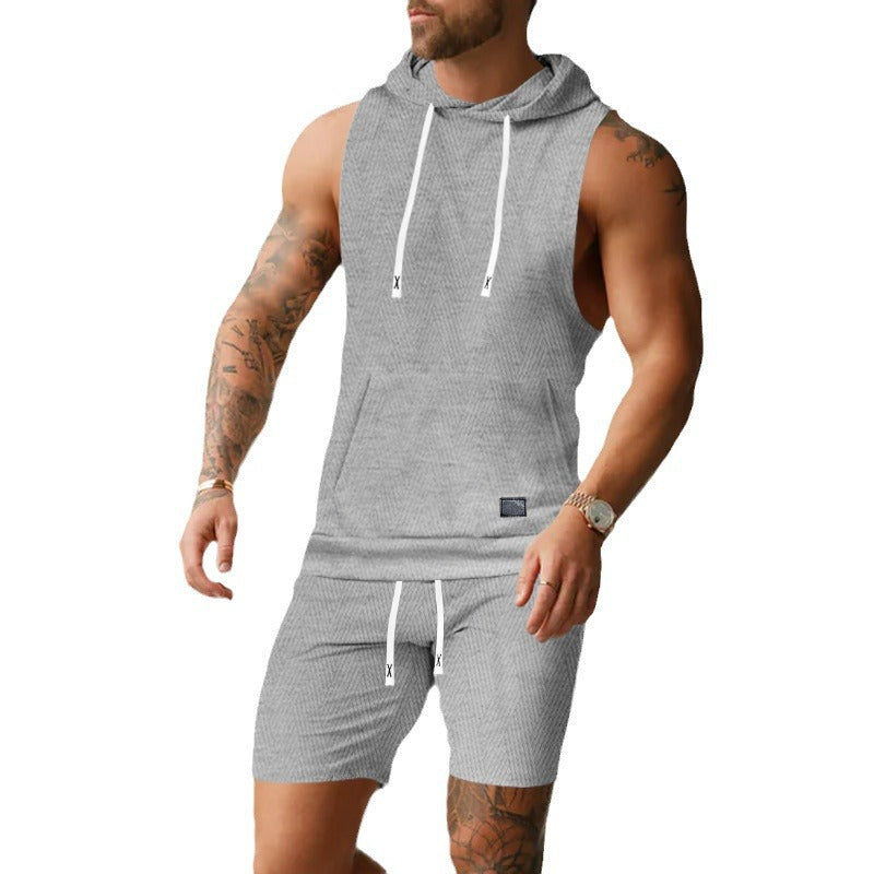 Men's sleeveless hoodie vest set made of textured cotton blend with kangaroo pocket and drawstring shorts Mune Fashion