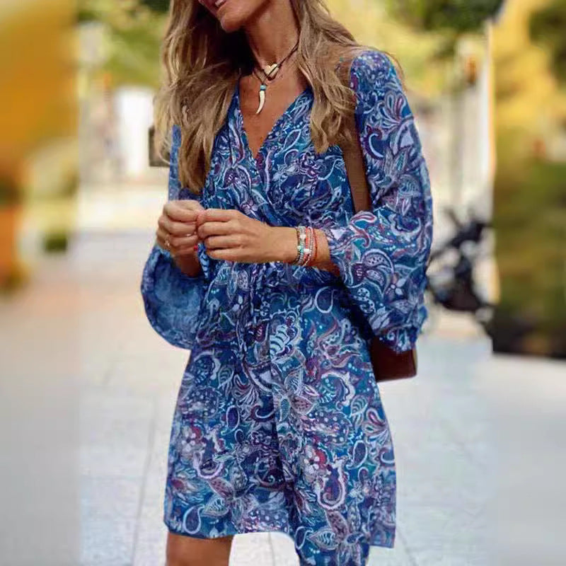 Women's Boho Mini Dress with Paisley Print, V Neck, Tied Belt and Balloon Sleeves Mune Fashion