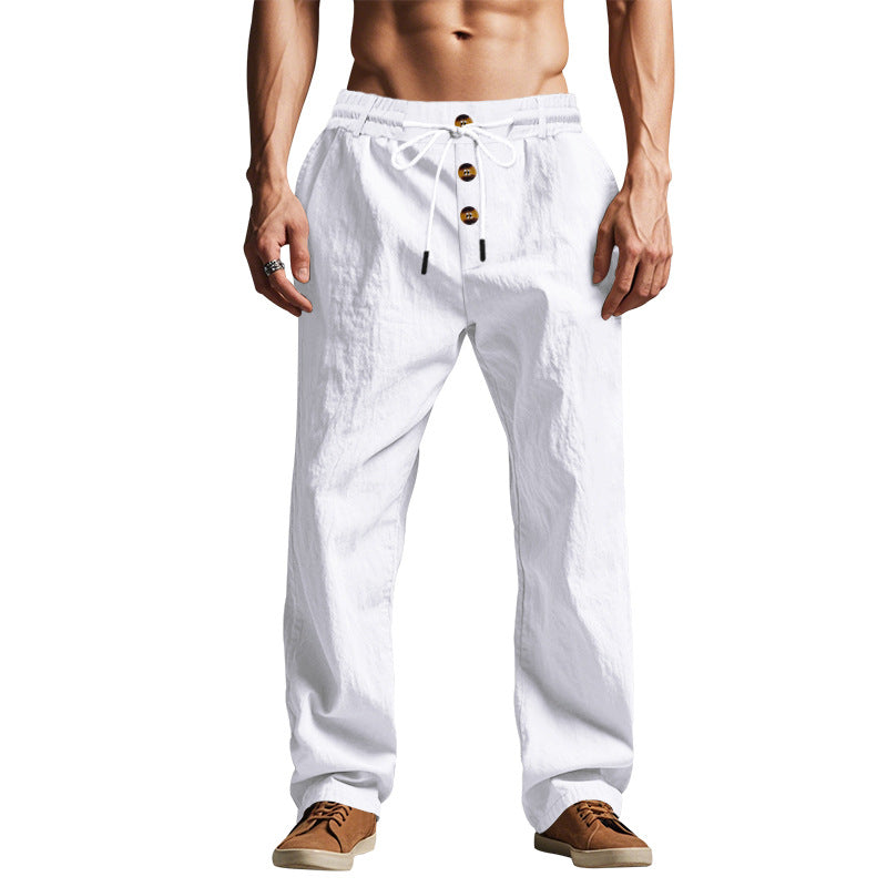 Men's relaxed pants in linen look with decorative button placket and drawstring waistband Mune Fashion