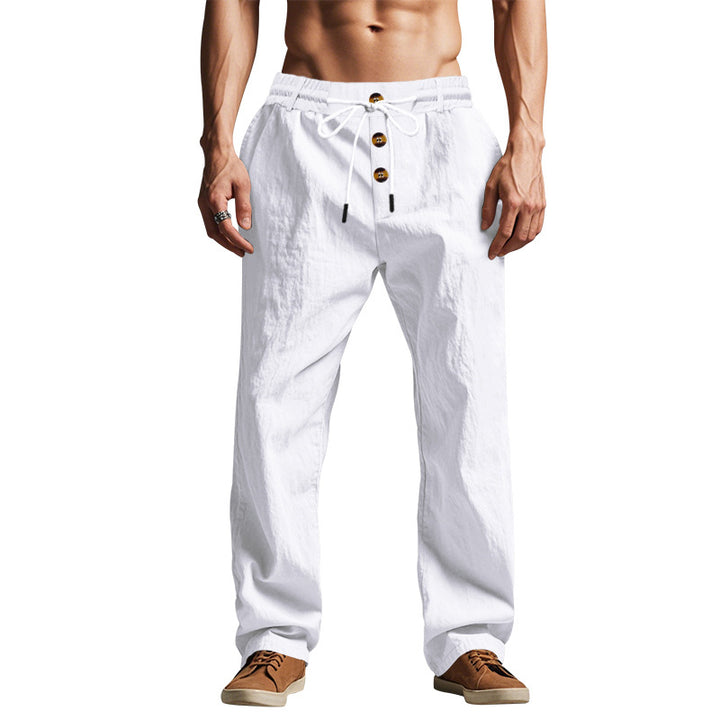 Men's relaxed pants in linen look with decorative button placket and drawstring waistband Mune Fashion