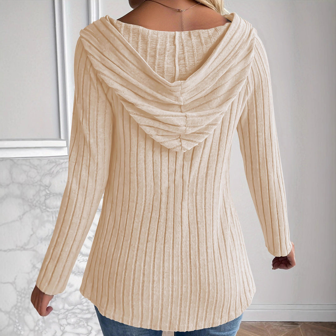 Women's Ribbed Hoodie Cardigan Blouse with Wooden Button Placket and Gathered Sleeves Mune Fashion
