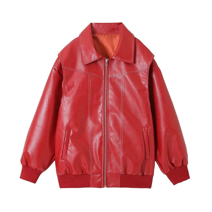 Women oversized faux leather bomber jacket with continuous zipper, oversized collar and ribbed cuffs Mune Fashion