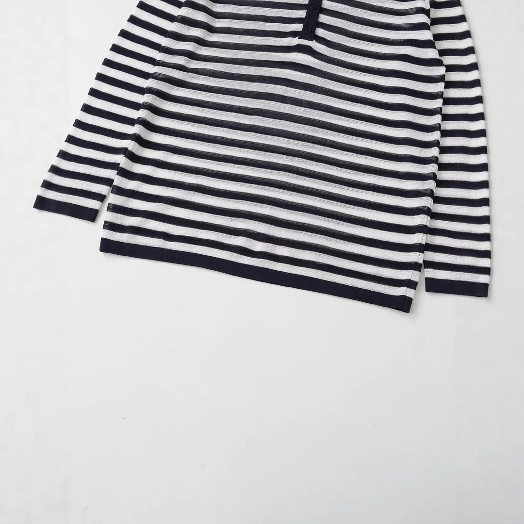 Women's Long Sleeve Shirt with Button Placket and Maritime Stripes Mune Fashion
