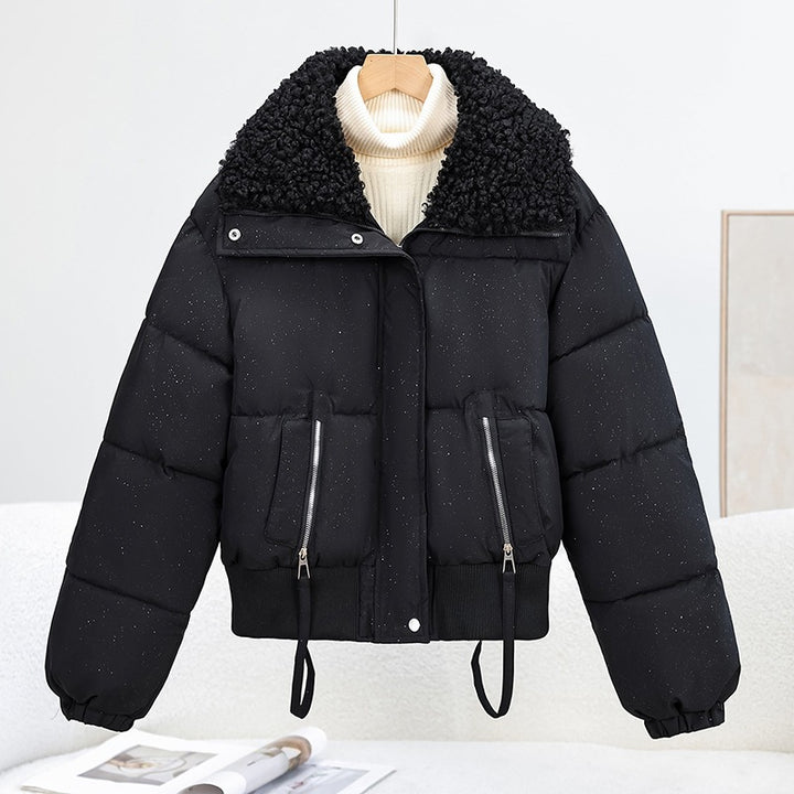 Women's cropped puffer jacket with teddy collar, zip pockets and ribbed cuffs Mune Fashion