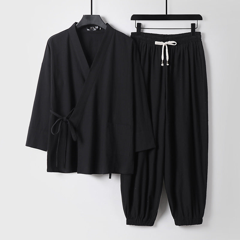 Unisex Relaxed Kimono Set with Wrap Jacket, Three-Quarter Sleeves and Elastic Cord Drawstring Pants Mune Fashion