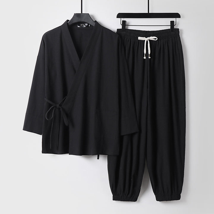 Unisex Relaxed Kimono Set with Wrap Jacket, Three-Quarter Sleeves and Elastic Cord Drawstring Pants Mune Fashion