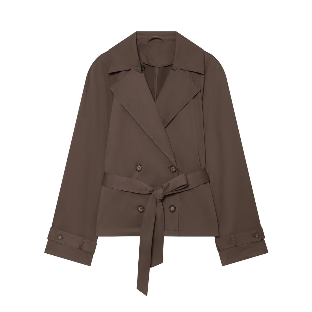 Women's Cropped Trench Coat in Boxy Cut with Wide Lapels and Ties