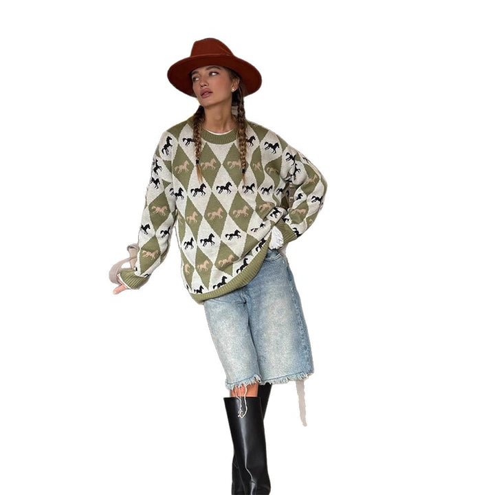 Women's Oversize Knitted Sweater with Argyle Pattern and Horse Motif Mune Fashion