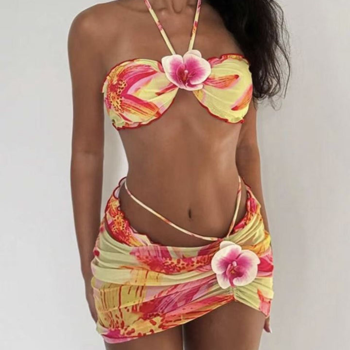 Women's Bikini Set with Floral Design and Playful Wrap Skirt Mune Fashion