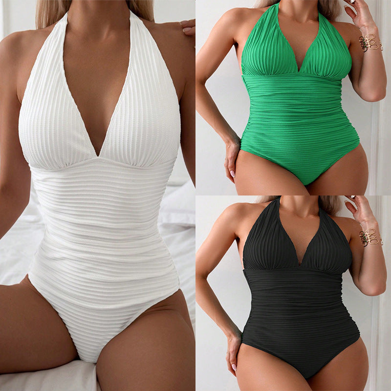 Women's one-piece swimsuit with sophisticated V-neckline and textured surface Mune Fashion