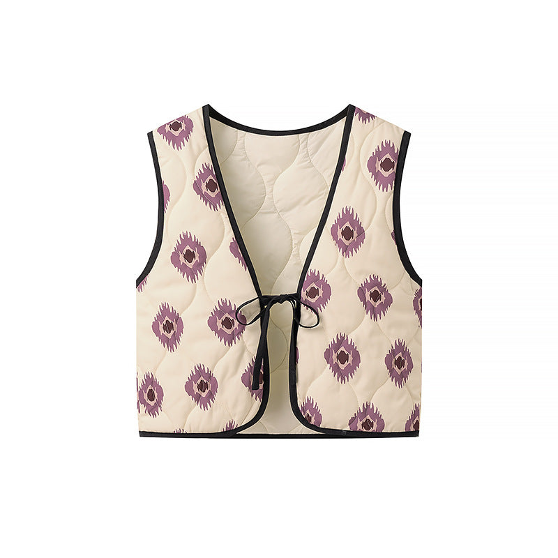 Women's Padded Quilted Short Vest with V-Neck and Tie Mune Fashion
