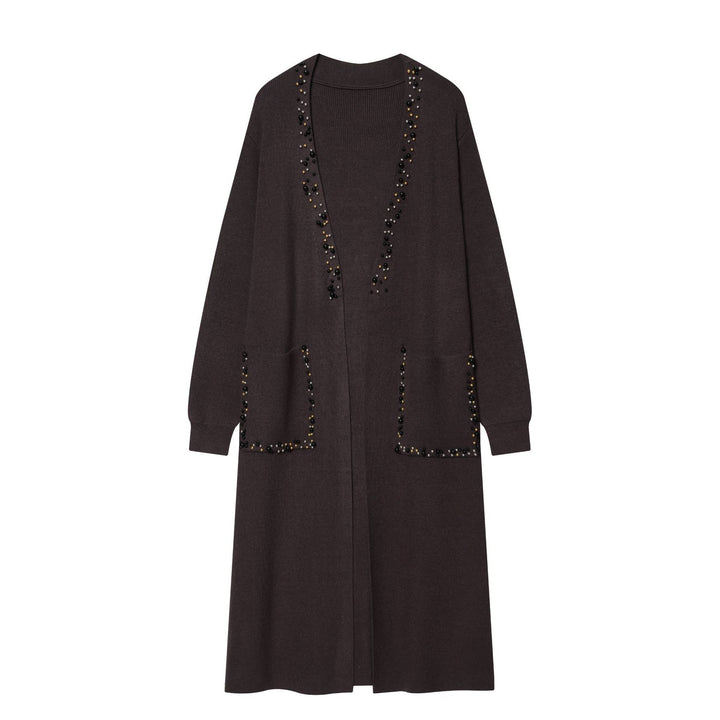 Women's long open cardigan with pearl embellishments and patch pockets Mune Fashion