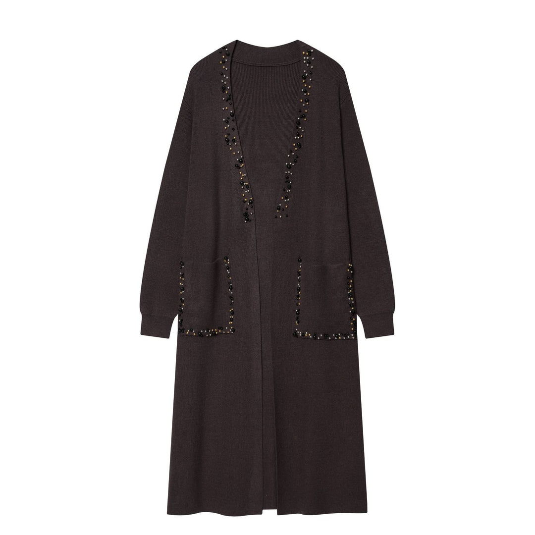 Women's long knitted cardigan with pearl trim and patch pockets Mune Fashion