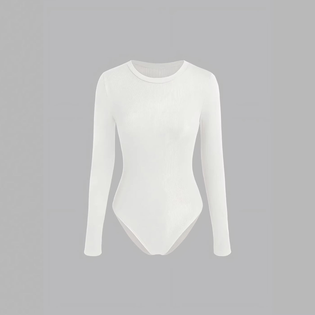 Women's Fitted Ribbed Long Sleeve Basic Shirt with Round Neckline and Stretch