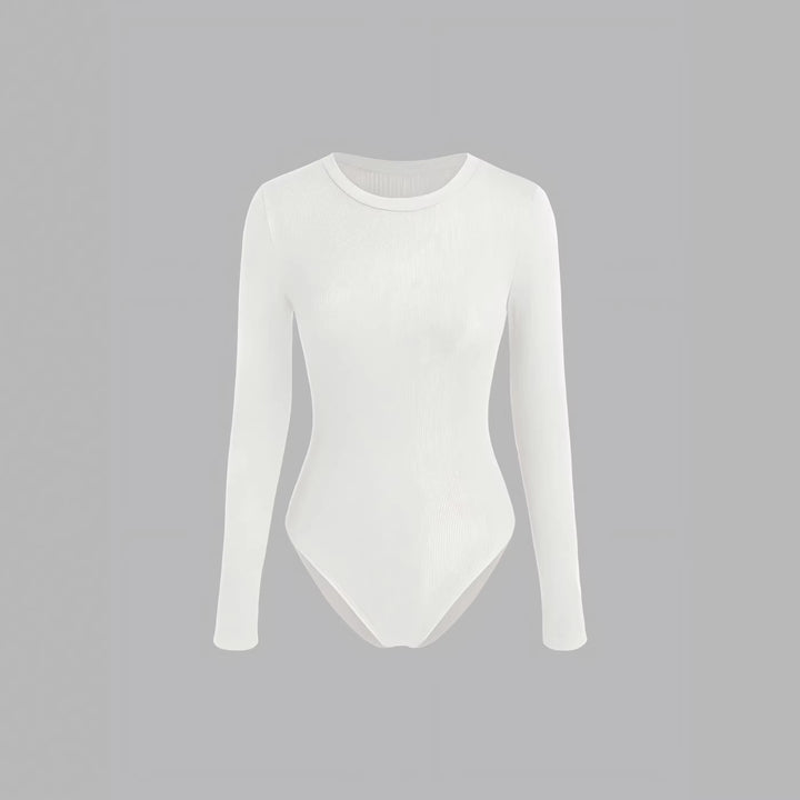 Women's Fitted Ribbed Long Sleeve Basic Shirt with Round Neckline and Stretch