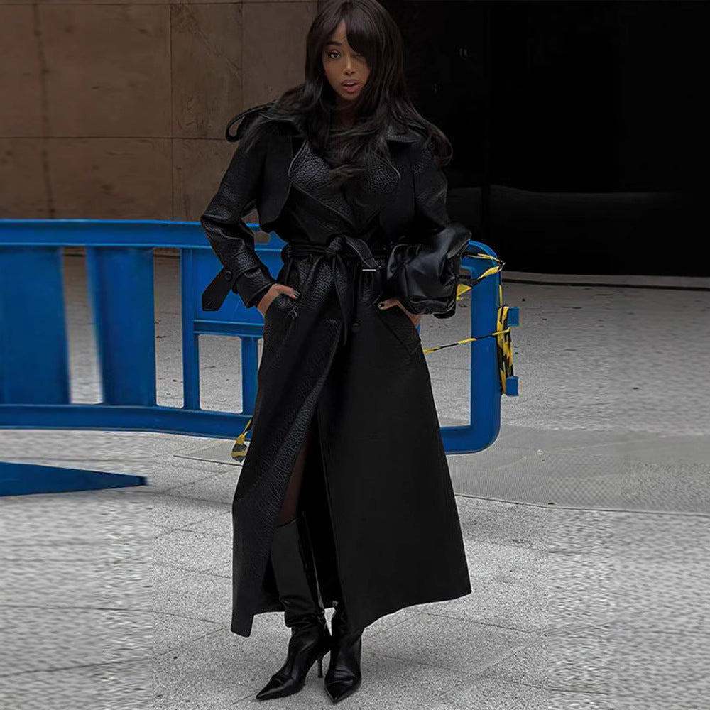 Women's Faux Leather Trench Coat with Top and Waist Belt Mune