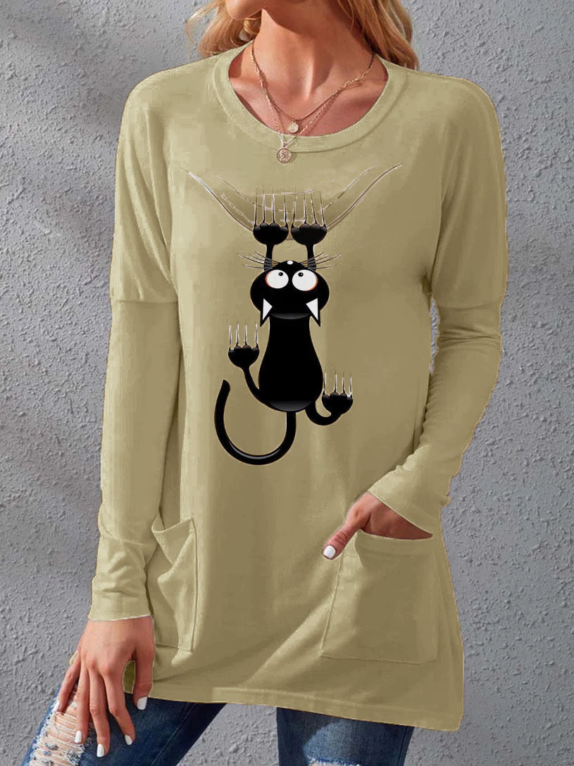 Women’s Longer Cotton Blend Tunic Shirt with Cartoon Cat Print and Side Pockets Mune Fashion