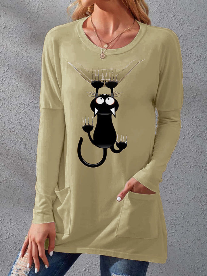 Women’s Longer Cotton Blend Tunic Shirt with Cartoon Cat Print and Side Pockets Mune Fashion