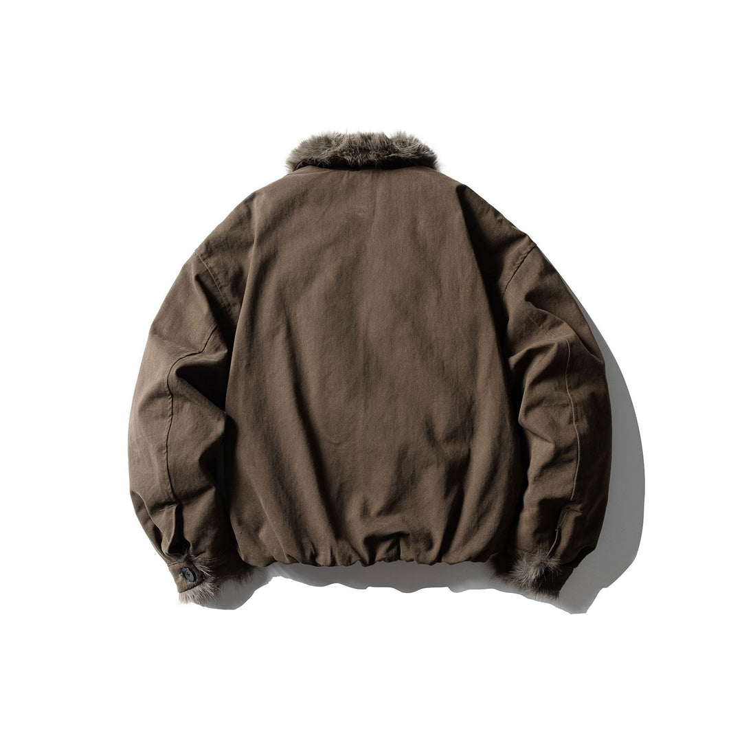 Unisex Short-cut Boxy Bomber Jacket with Faux Fur Trim and Button Placket Mune Fashion