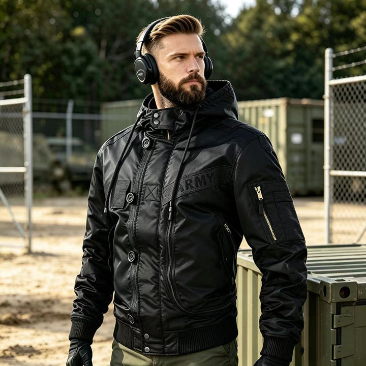 Men's Military-Inspired Hooded Bomber Jacket with Utility Pockets Mune Fashion