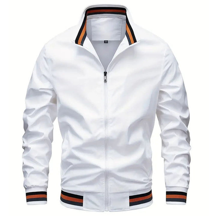 Men's lightweight windproof bomber jacket with stand-up collar, elastic cuffs, and full-length zipper.