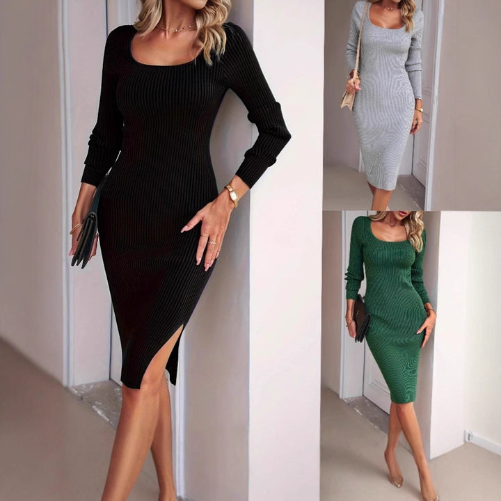 Women's Ribbed Fitted Midi Dress with Deep Round Neckline, Stretch and Side Slit Mune Fashion