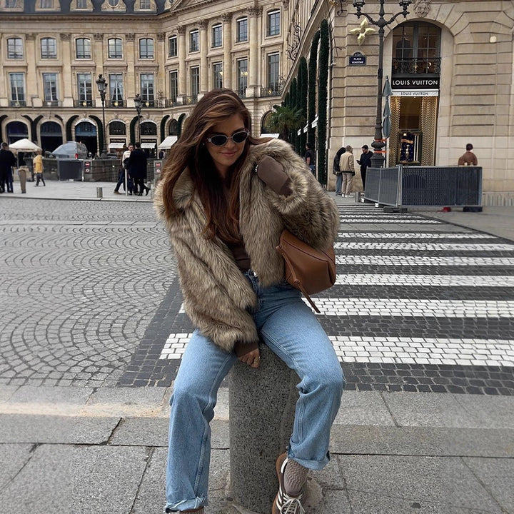 Women's Short Cut Faux-Fur Boxy Coat with Hood and Zip Mune Fashion