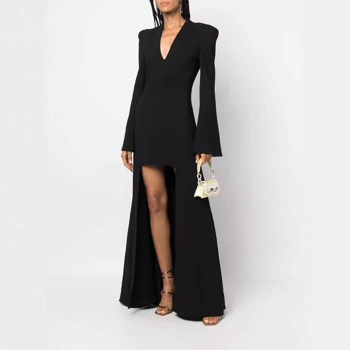 Women's maxi dress in blazer style with pronounced shoulder pads, tailored silhouette and high leg slit Mune Fashion