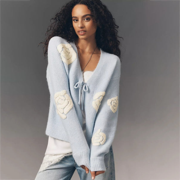 Ladies Cozy Mohair Cardigan with Decorative Flower Applications Mune Fashion