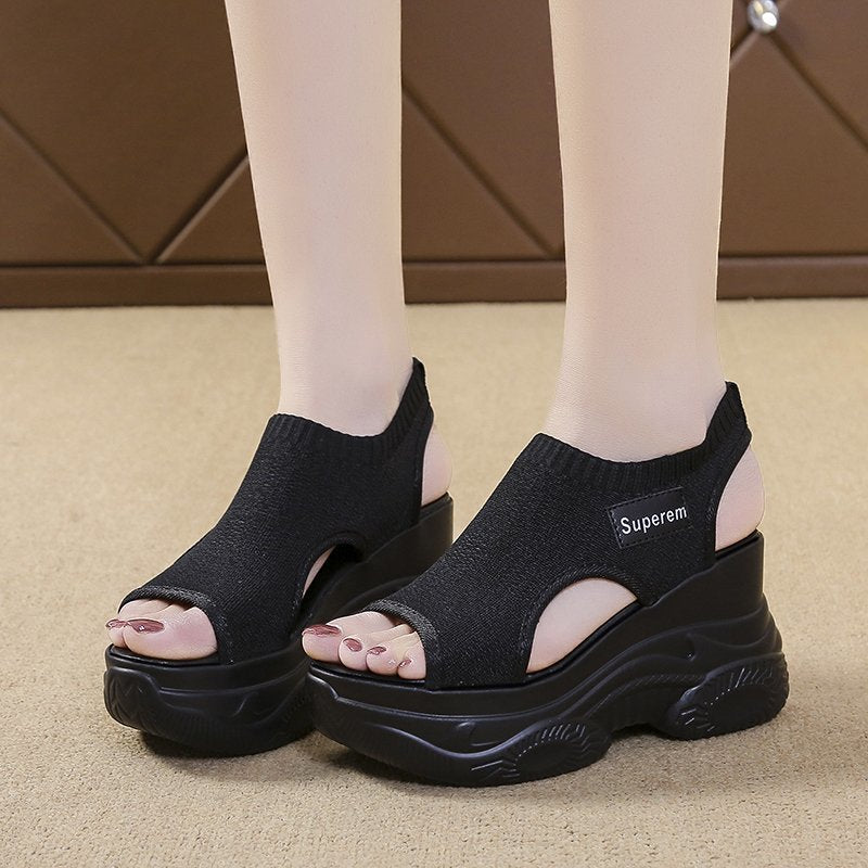 Women Platform Sandals with Elastic Knitted Shaft and Sporty Profile Sole Mune Fashion
