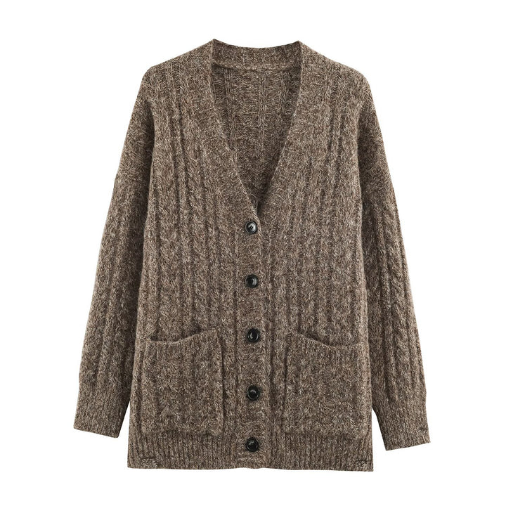 Women Large Knitted Oversize Cardigan with Cable Knit V-Neck and Patch Pockets Mune Fashion