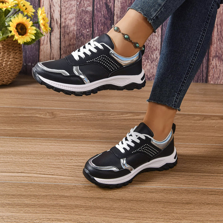 Women's trendy city chunky sneakers with metallic accents, decorative studs, and cushioning lightweight sole Mune Fashion