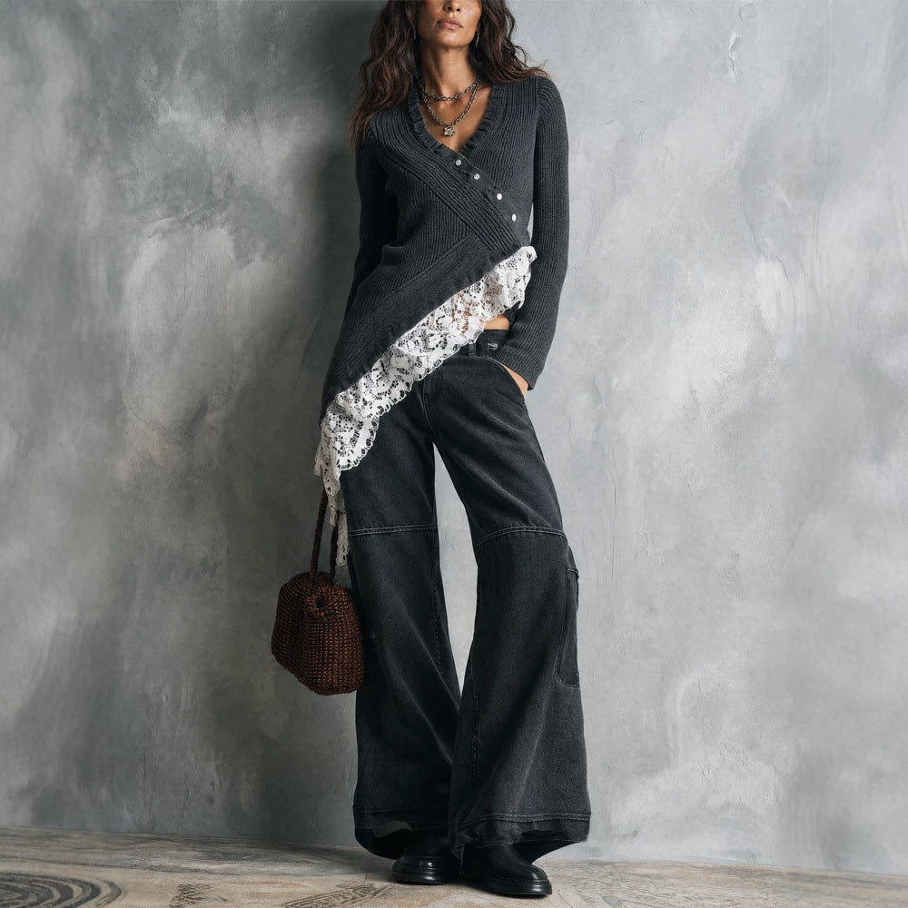 Women's Asymmetrical Knit Cardigan with Lace Trim and Button Placket Mune Fashion
