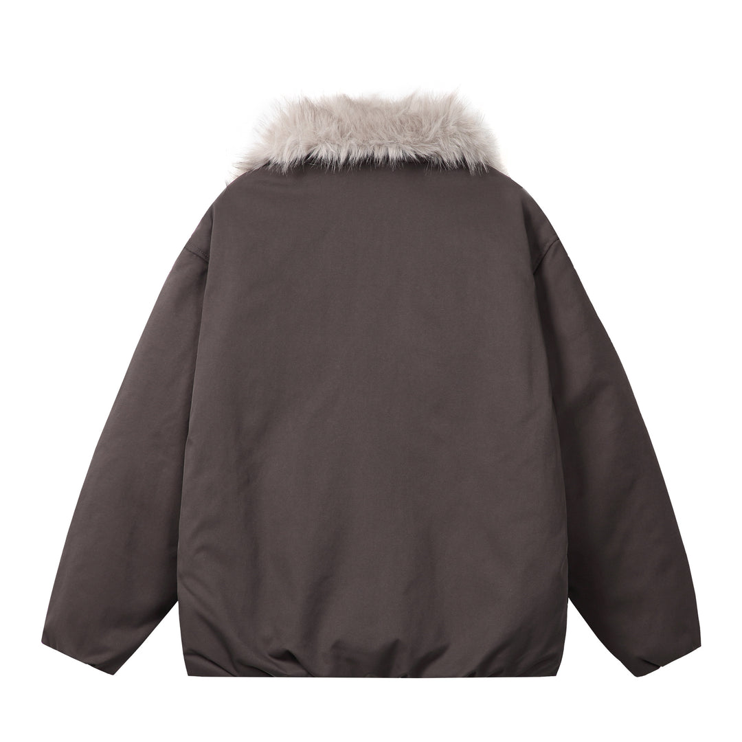 Women's short jacket in boxy cut with voluminous faux fur collar and two-way zipper Mune Fashion