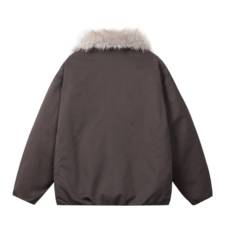 Women's short jacket in boxy cut with voluminous faux fur collar and two-way zipper Mune Fashion