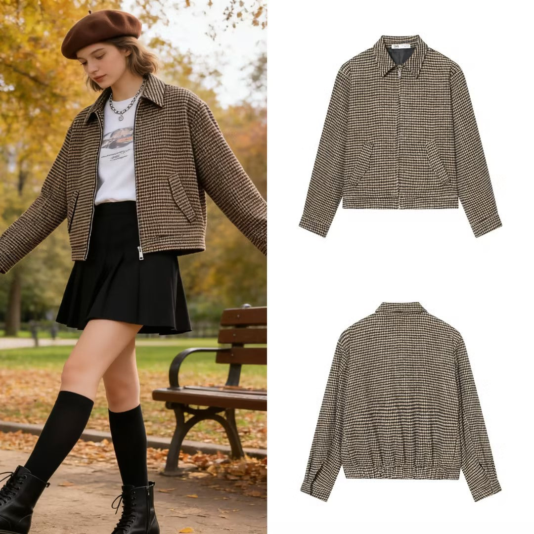 Women Boxy Short Jacket made of Wool Blend with Houndstooth Pattern, Zipper and Shirt Collar Mune Fashion