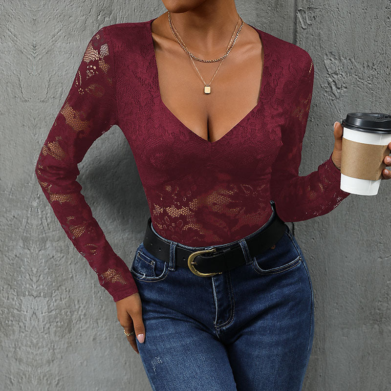 Women's figure-hugging lace bodysuit with deep neckline and transparent long sleeves