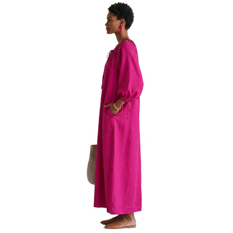 Women's Airy Linen Look Maxi Dress with Drawstring Collar, Balloon Sleeves and Pockets Mune Fashion