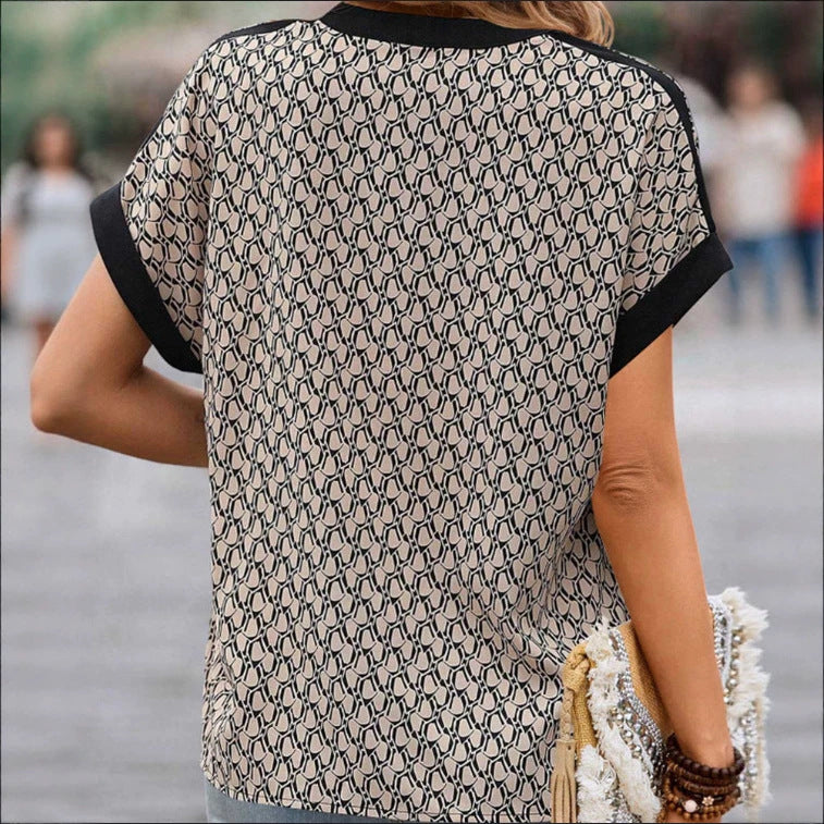 Ladies' light casual blouse in crepe look with V-neck and contrast piping Mune Fashion