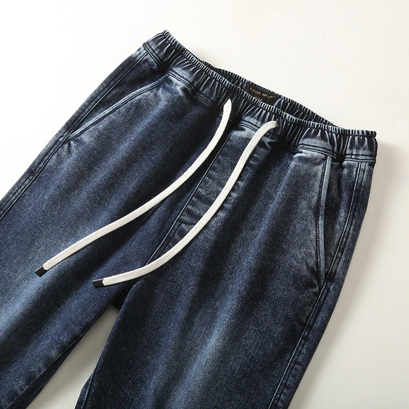 Men's denim joggers with elastic waistband, drawstring, and rolled hem Mune Fashion