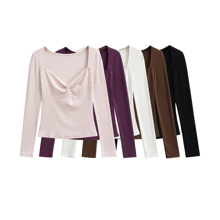 Women's Long Sleeve Shirt with Twist Knot Detail, Shaping Bust Part and Wide Neckline Mune Fashion