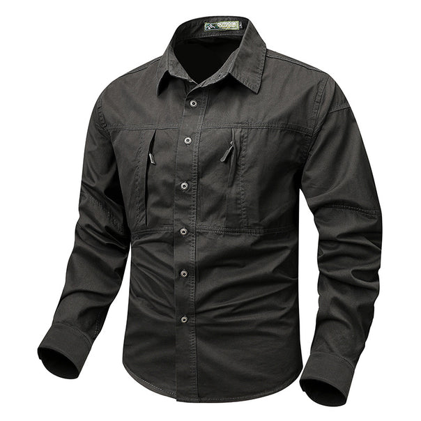 Men's rugged utility shirt with hidden zip pockets, reinforced seams, and classic spread collar Mune Fashion